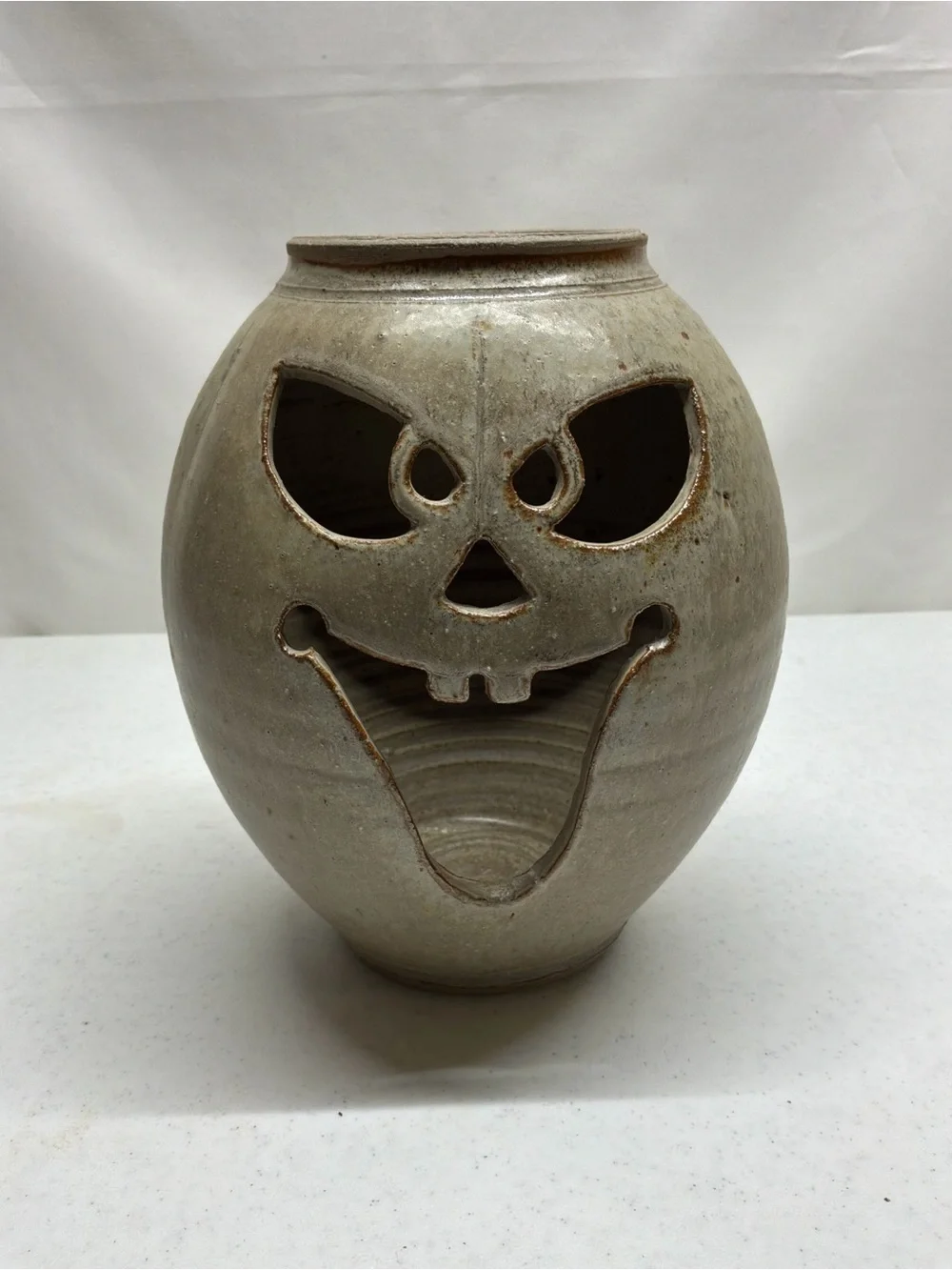 Handcrafted Gray Ceramic Pottery Jack-O'-Lantern Funny Face
